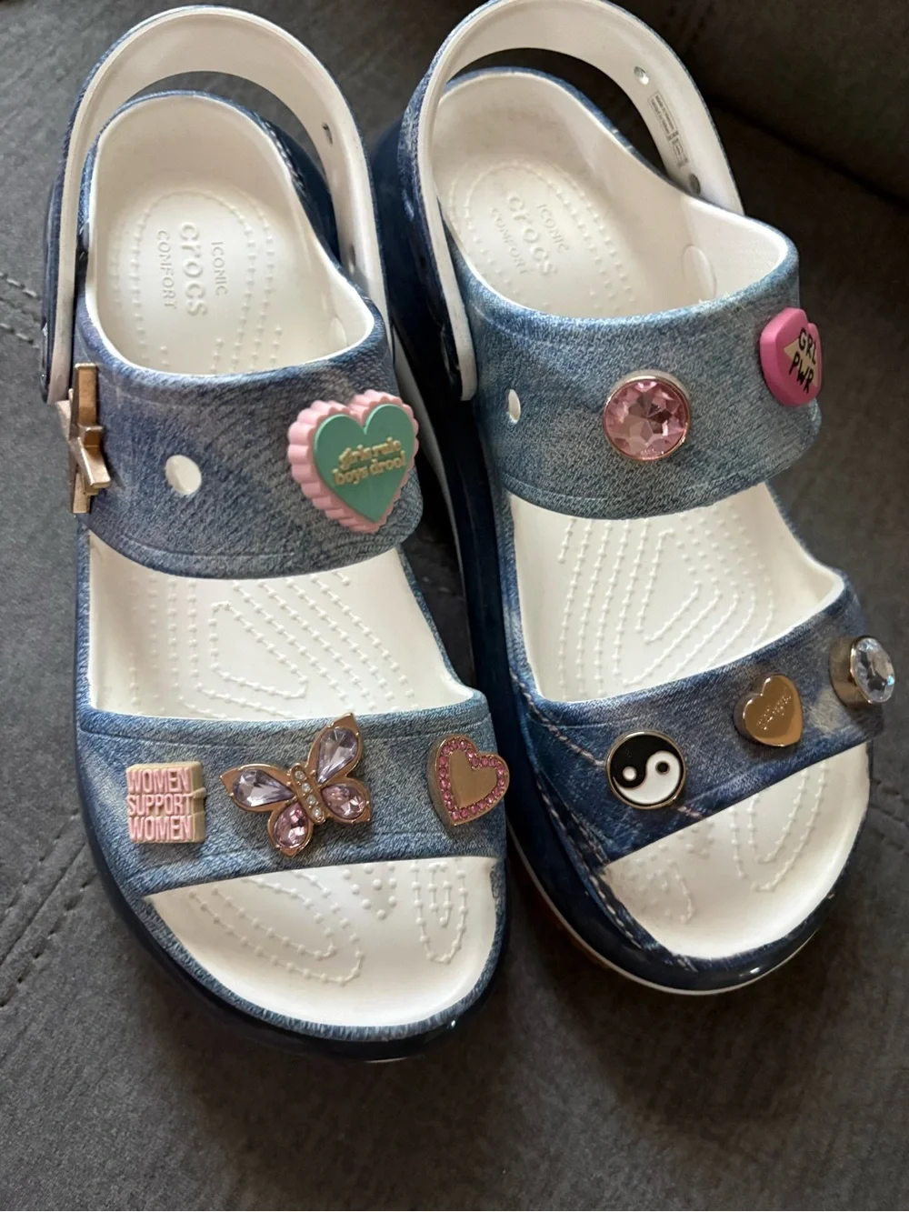 Crocs Denim-Style Sandals with Jibbitz Charms - Blue & White